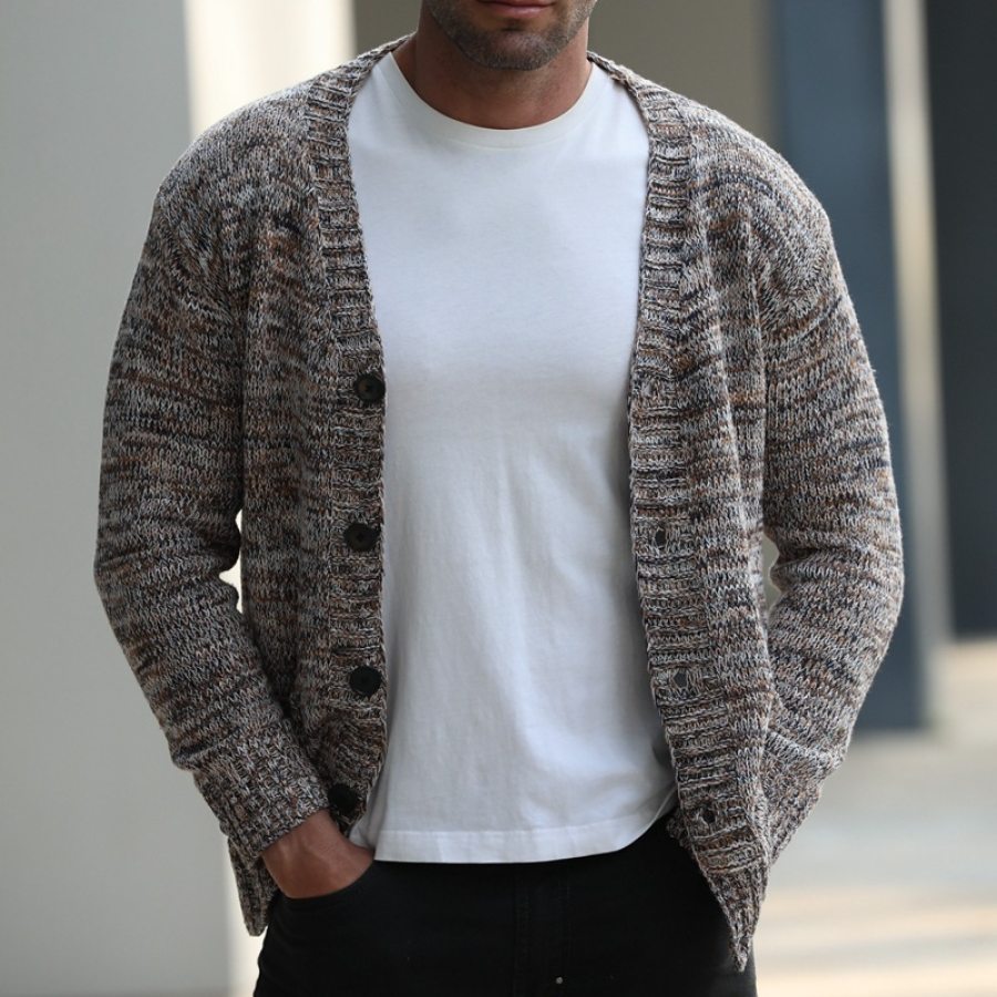 

Suéter Jacquard Outono E Inverno Retrô Colorido Em Bloco Com Decote Em V Jaqueta Masculina De Cardigan Com Abotoamento Simples