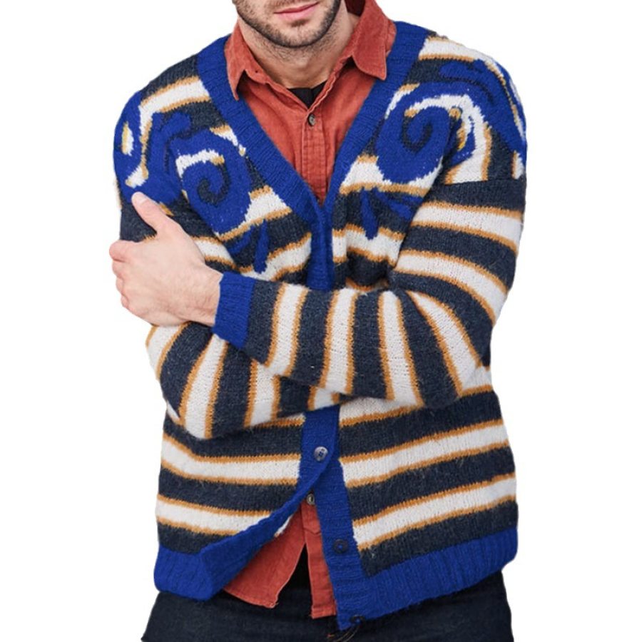 

Cappotto Da Giacca Maglione Cardigan Monopetto Da Uomo In Maglione Jacquard A Righe Geometriche Retrò Autunno E Inverno