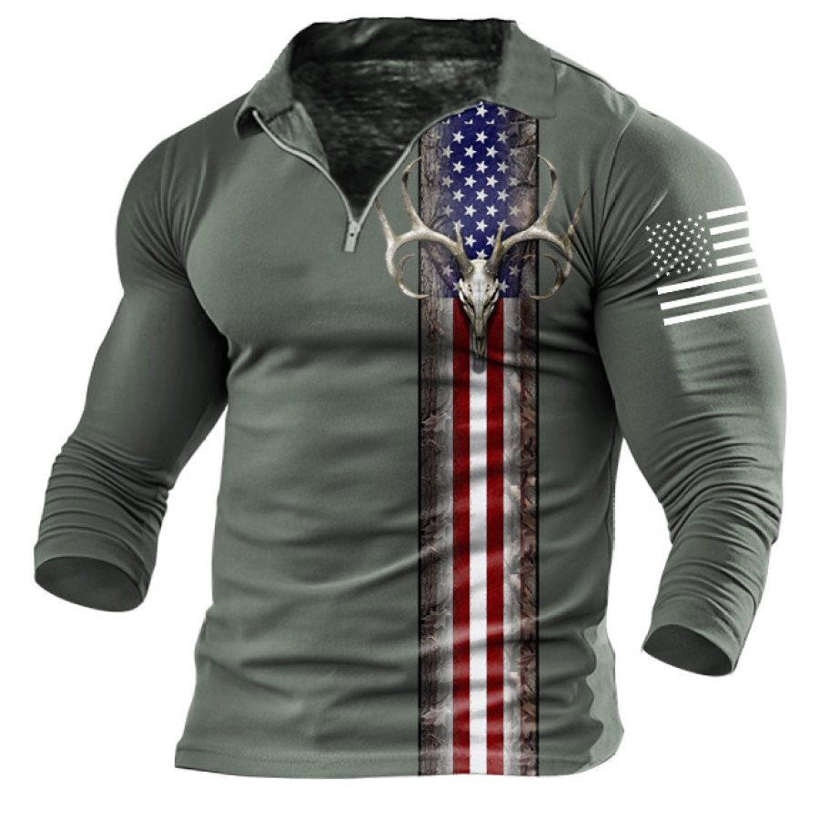 

Men's T-Shirt Long Sleeve Zip Lapel Vintage American Flag Skull Bull Daily Tops Lime Green