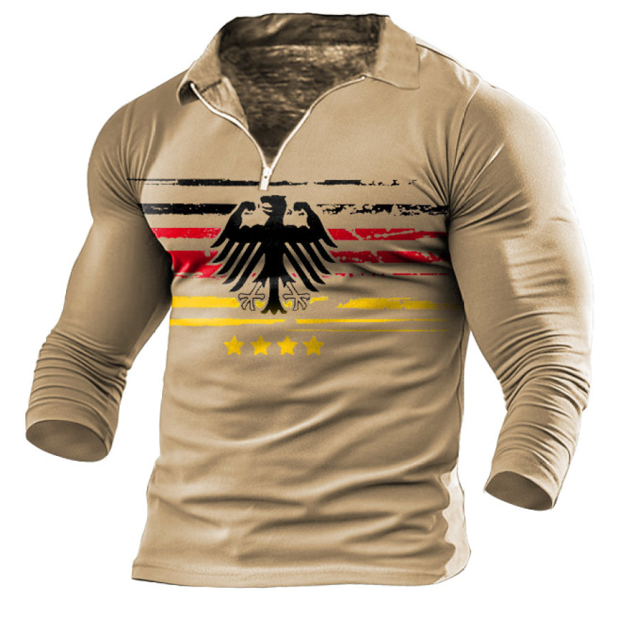 

T-shirt Da Uomo A Maniche Lunghe Con Risvolto Con Zip Vintage German Eagle Daily Top Cachi