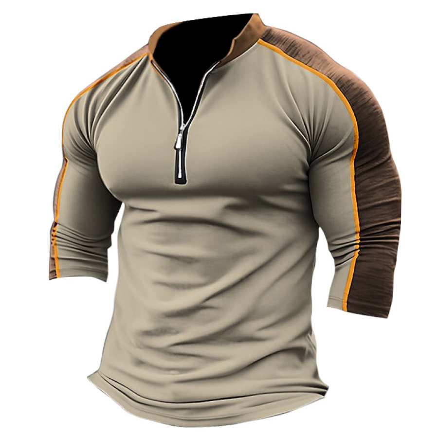 

Men's T-Shirt Long Sleeve Quarter Zip Stand Collar Vintage Tactical Colorblock Daily Tops Light Khaki