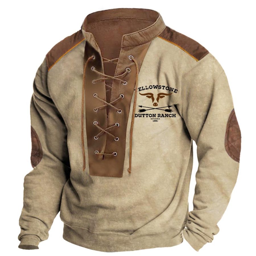 

Herren-Sweatshirt Langärmelig Zum Schnüren Stehkragen Vintage-Yellowstone-Farbblock Outdoor Alltag Tops Khaki