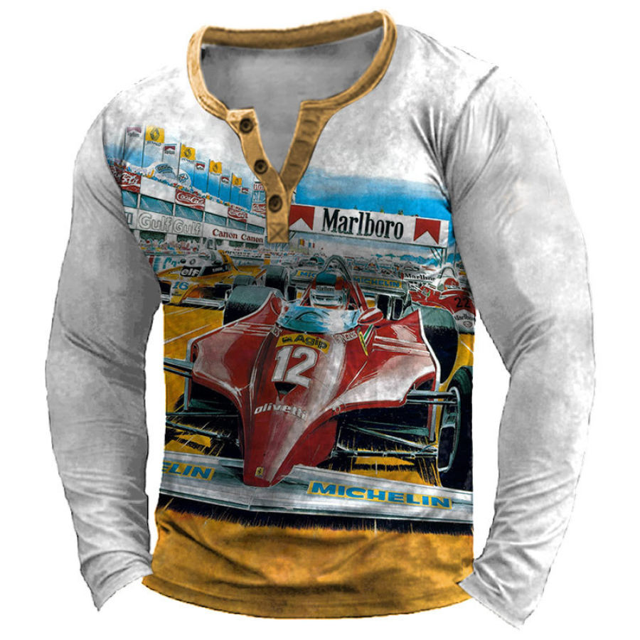 

T-shirt Da Uomo Henley Pullover Casual A Maniche Lunghe Con Stampa Retrò Formula Racing
