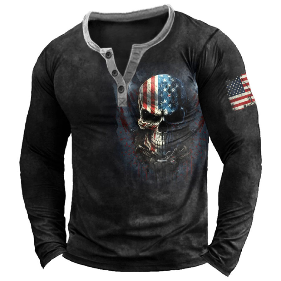 

Camiseta Masculina Henley Vintage Bandeira Americana Com Estampa De Caveira Manga Longa Pulôver Casual