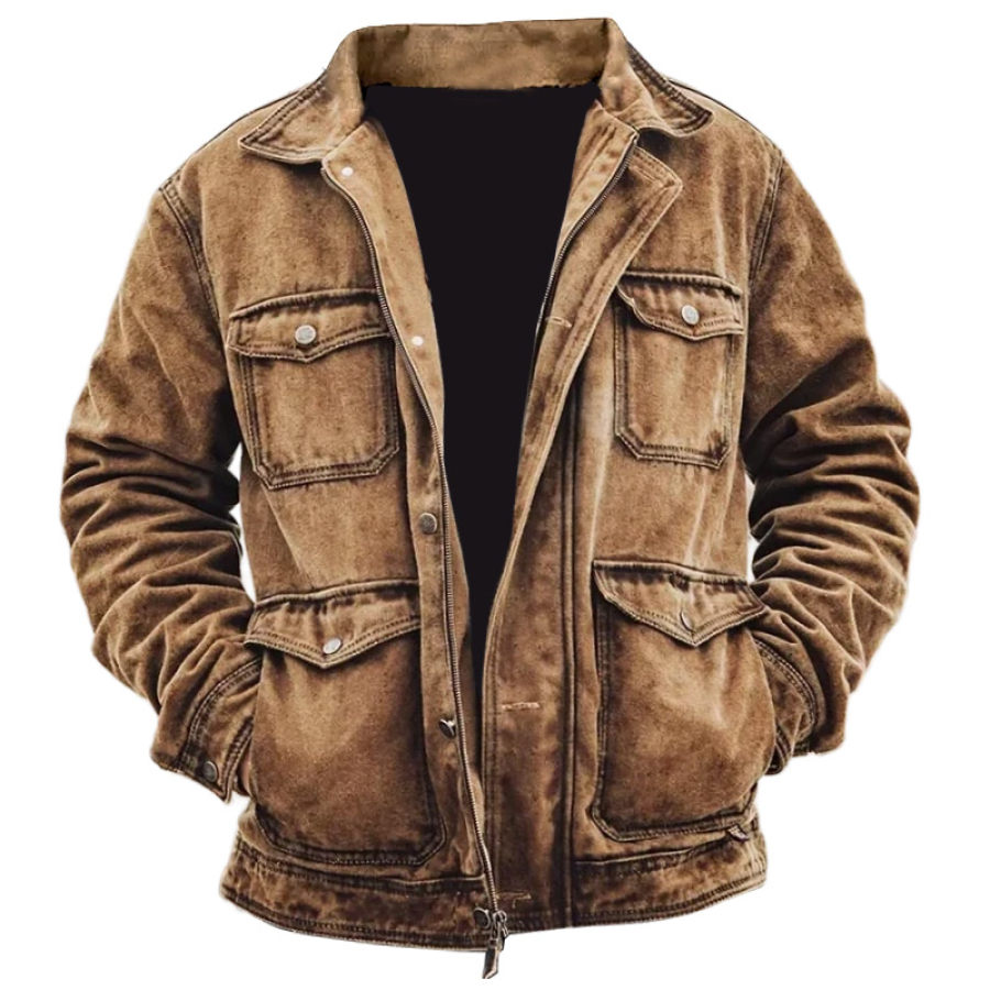 

Men's Work Jacket Vintage Durable Canvas Zipper And Button Closure