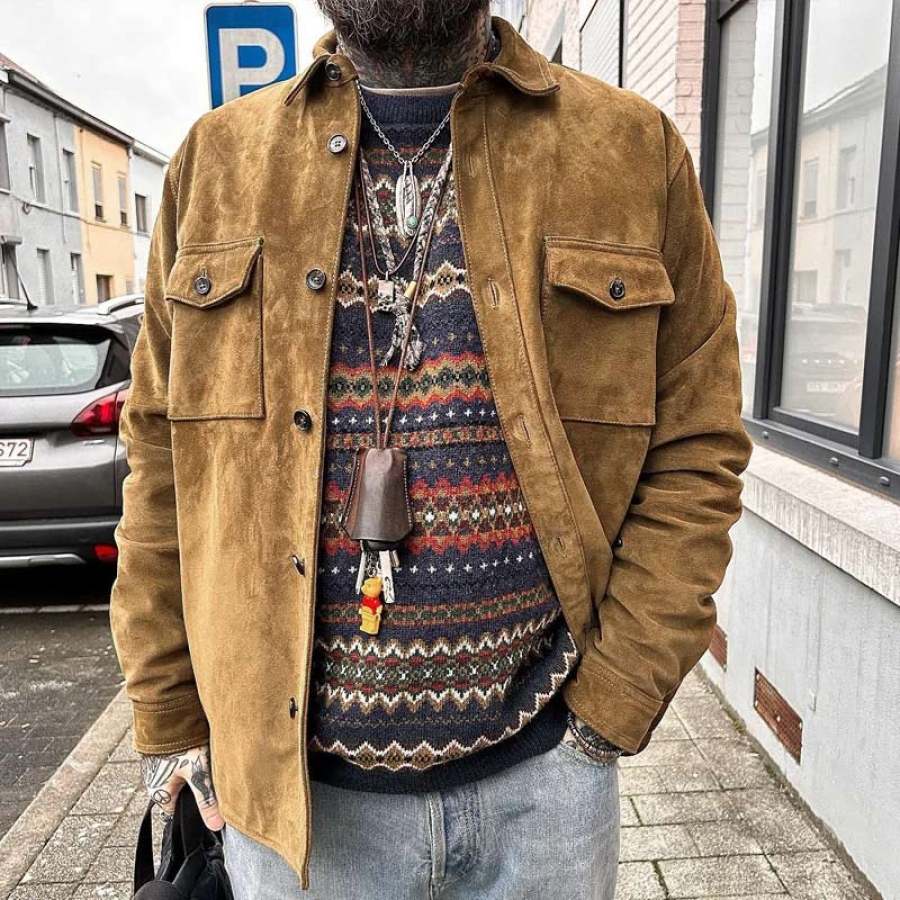 

Men's Shirt Jacket Vintage Suede Lapel Double Breast Pockets