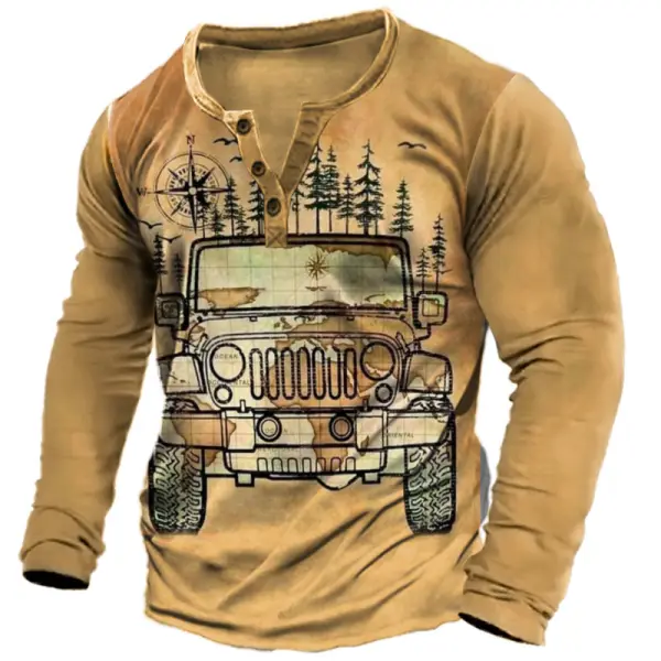 Men's Henley T-Shirt Retro Jeep Print Long Sleeve Casual Pullover - Kalesafe.com 