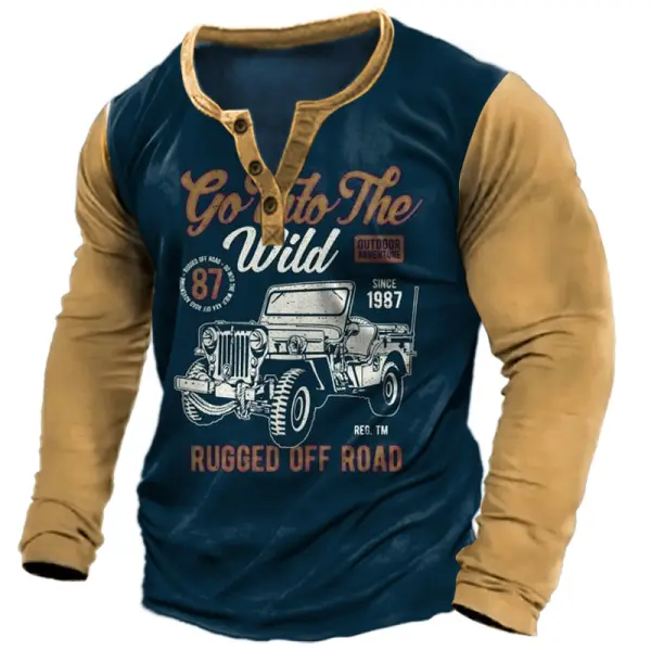 Men's Henley T-Shirt Retro Jeep Letter Print Long Sleeve Casual Pullover - Kalesafe.com 