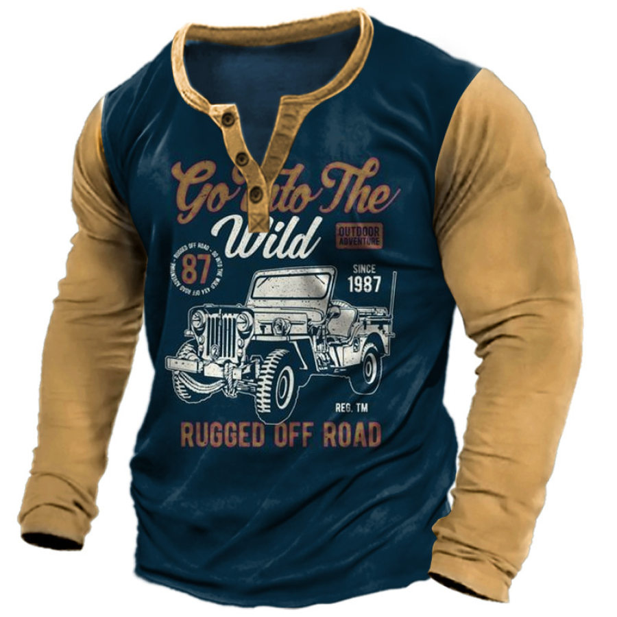 

Camiseta Masculina Henley Retrô Estampa Jeep Letra Manga Longa Pulôver Casual