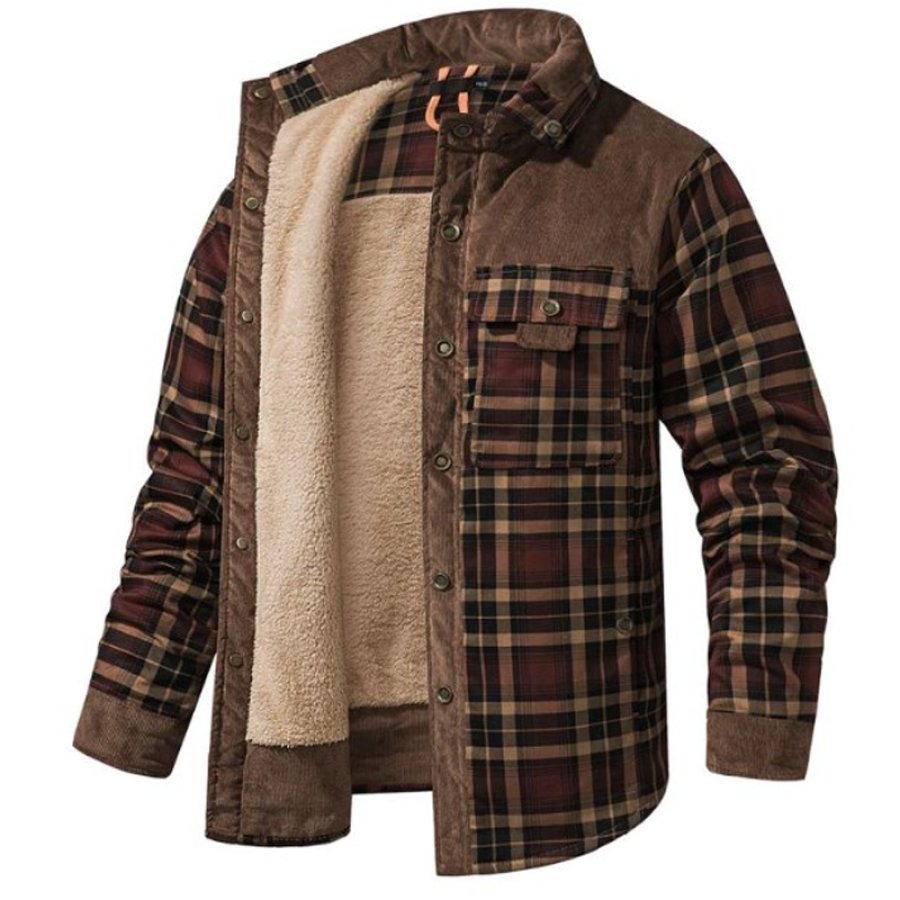 

Men's Lumberjack Corduroy Sherpa Flannel Thickened Warm Jacket Pocket Casual Coat Autumn And Winter Khaki Army Green Gray