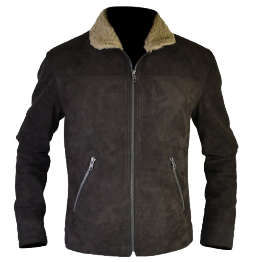 

Мужская куртка с воротником из овечьей шерсти Потертая прочная замшевая кожаная куртка