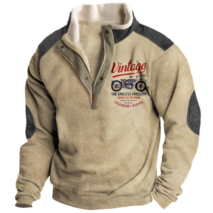 

Men's Sweatshirt Half Zipper Vintage Motorcycle Long Sleeve Contrast Color Daily Tops Khaki