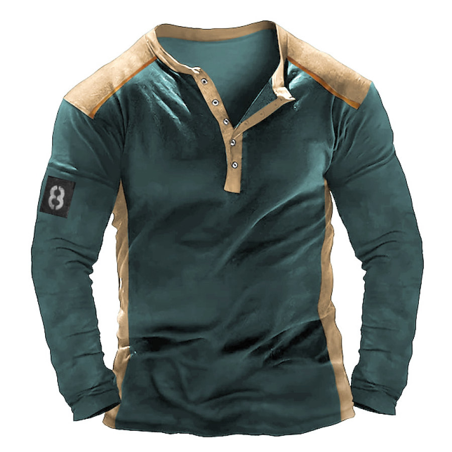 

Men's T-Shirt Long Sleeve Henley Vintage Tactical Colorblock Outdoor Daily Tops Teal