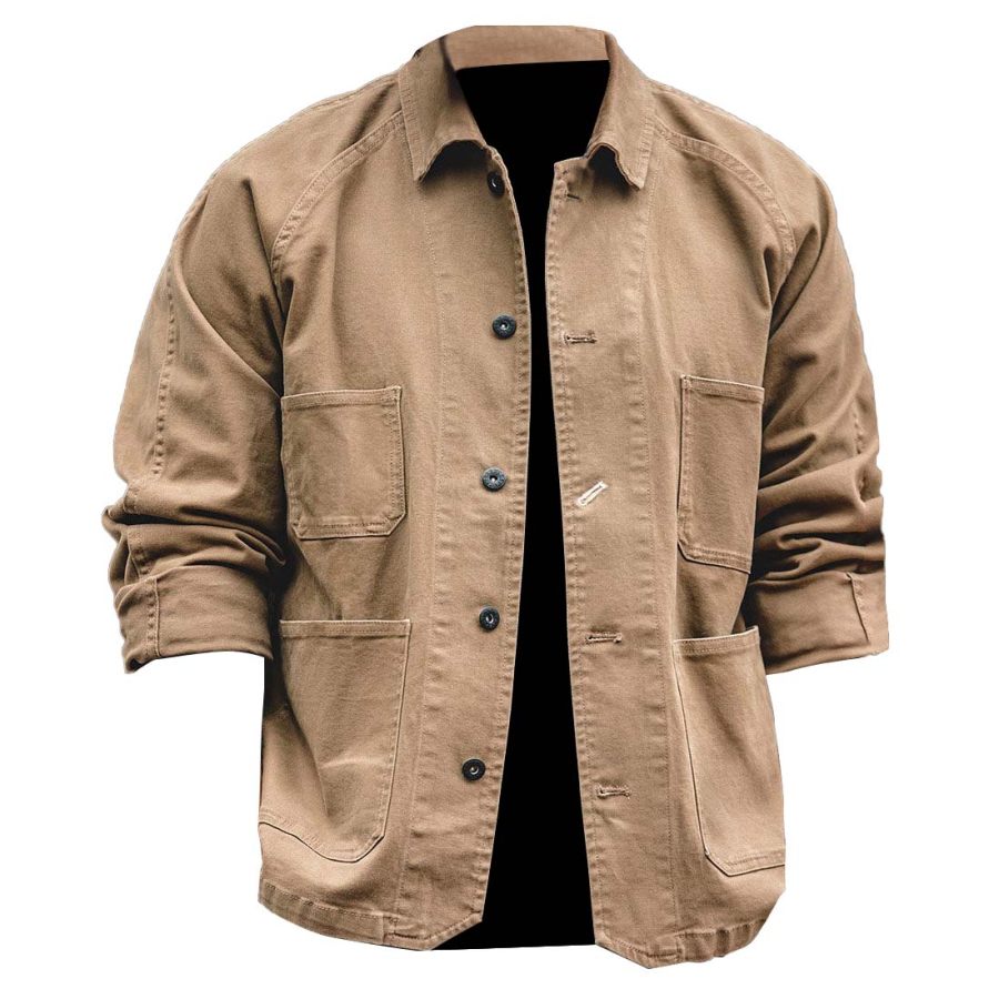 

Jaqueta Masculina Vintage Tático Lapela Pesada Multibolso Manga Longa Casaco Ao Ar Livre