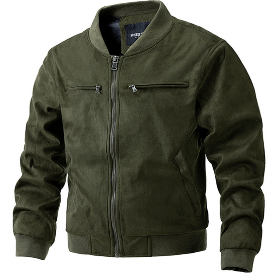 

Chaqueta De Cuello Alto De Gamuza Vintage Para Hombre Chaqueta De Bolsillo Con Cremallera Doble