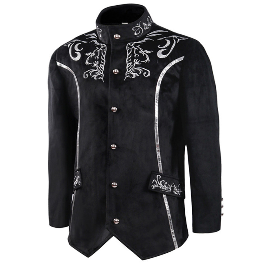 

Cappotto Da Uomo Vintage Mid-Century Con Colletto Alla Coreana Giacca In Pelle Scamosciata Con Ricamo Argento