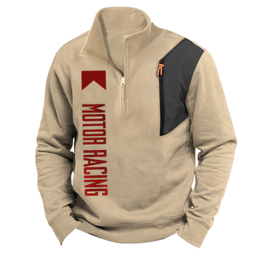 

Sudadera De Hombre Con Cremallera De Un Cuarto Y Bolsillo Con Cuello Levantado Vintage Motor Racing Colorblock Daily Tops Caqui