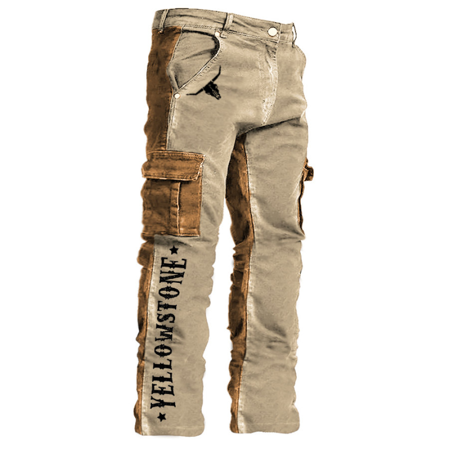 

Men's Cargo Pants Vintage Yellowstone Distressed Tactical Pocket Colorblock Daily Work Trousers