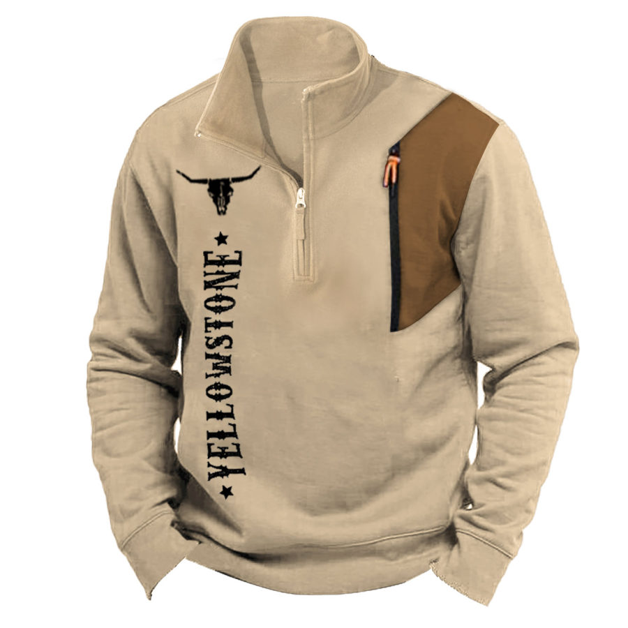 

Men's Sweatshirt Quarter Zip Stand Collar Pocket Vintage Yellowstone Colorblock Daily Tops Khaki