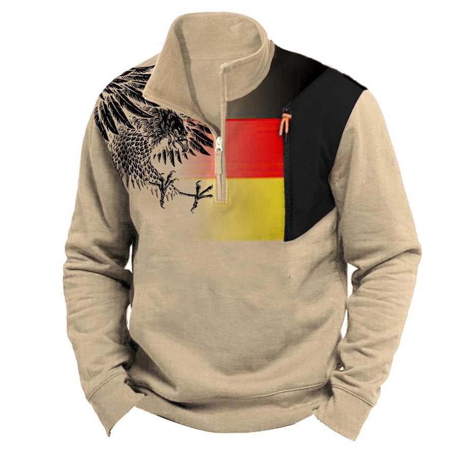 

Moletom Masculino Com Zíper Na Gola E Bolso Vintage Alemão Eagle Colorblock Tops Diários Cáqui