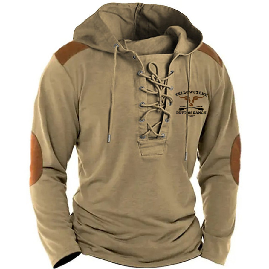 

Men's T-Shirt Vintage Yellowstone Long Sleeve Lace-Up Hooded Colorblock Outdoor Daily Tops Khaki