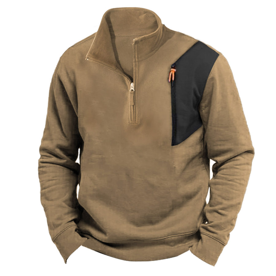 

Felpa Da Uomo Con Zip A Un Quarto Tasca Con Colletto Alla Coreana Vintage Tattica Giornaliera Cachi