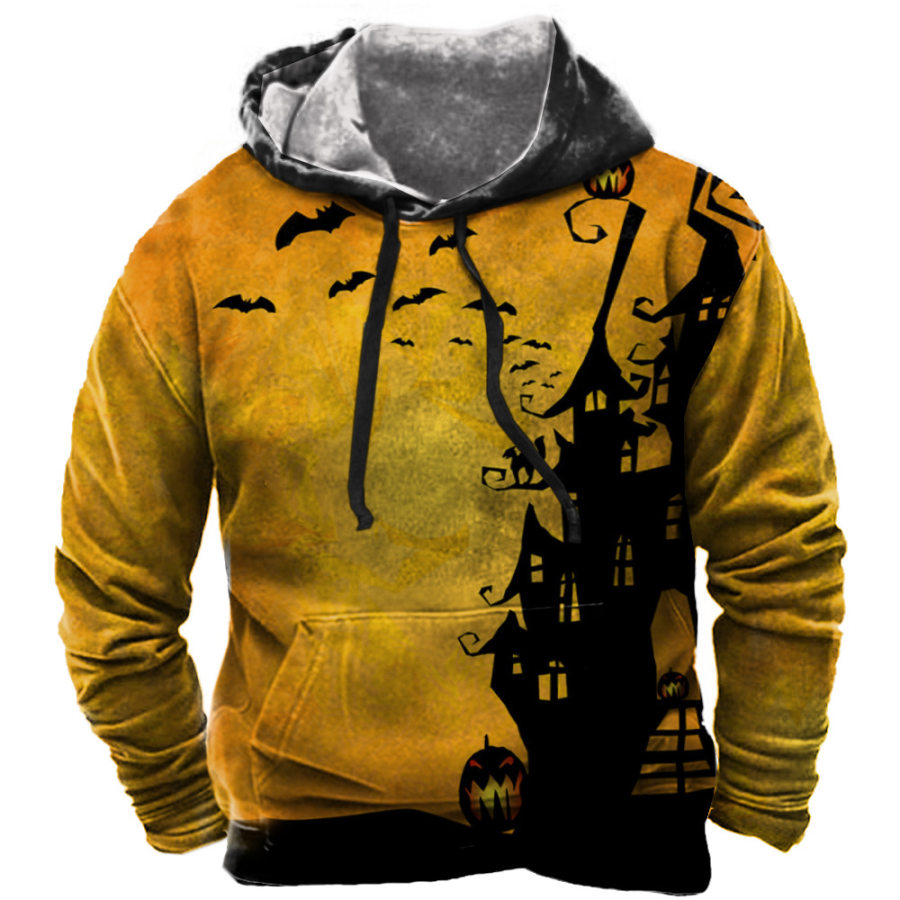 

Men's Dark Halloween Bat & Pumpkin Print Pocket Hoodie Casual Hoodie