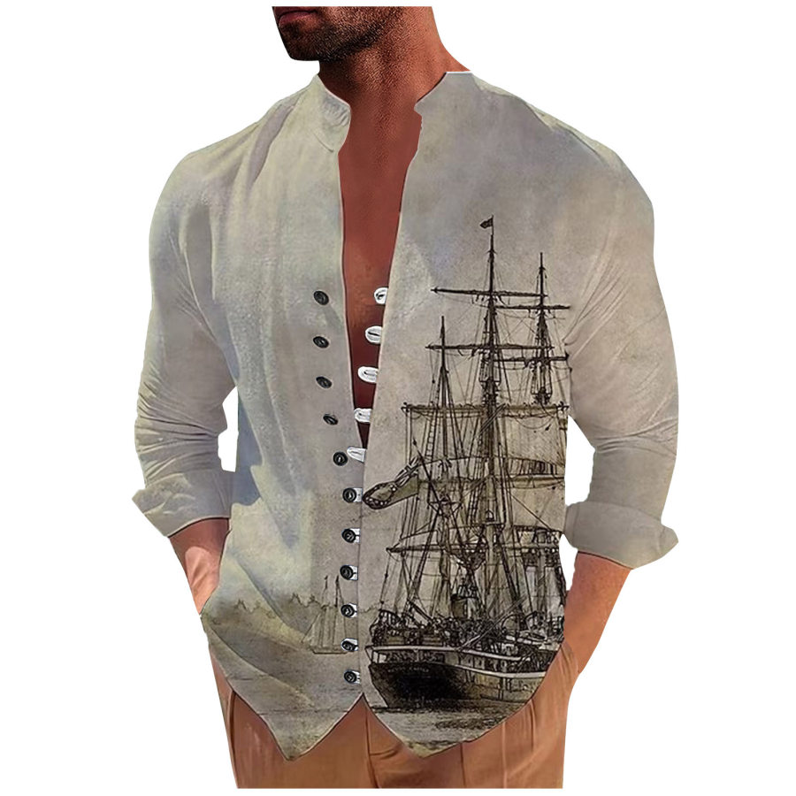 

Camisa Masculina Vintage Com Estampa De Vela Náutica Gola Alta Manga Longa