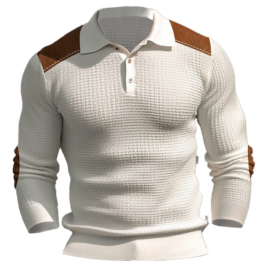 

Men's Vintage Waffle Panel Polo Neck Long Sleeve Top