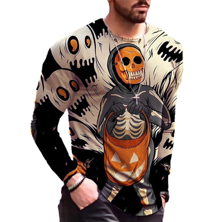 

T-shirt A Maniche Lunghe Da Uomo Con Stampa Di Zucca Di Halloween Scura