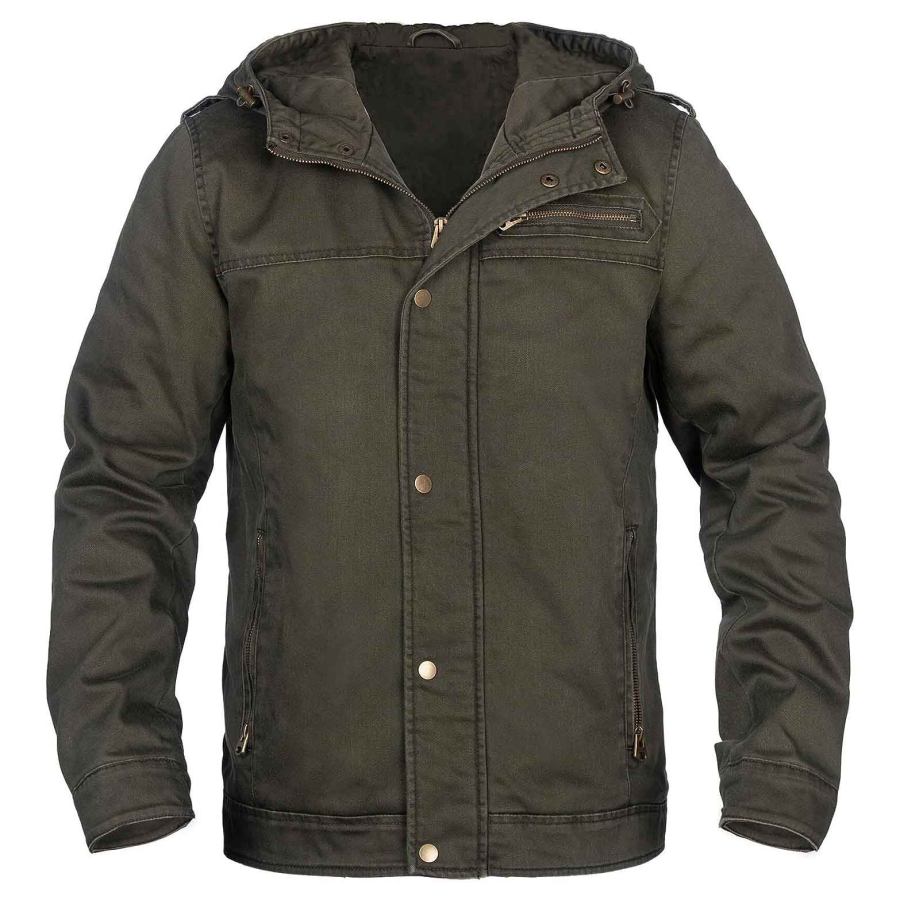 

Chaqueta De Hombre Con Capucha Vintage Táctico Militar Solapa Multibolsillo Manga Larga Abrigo Al Aire Libre