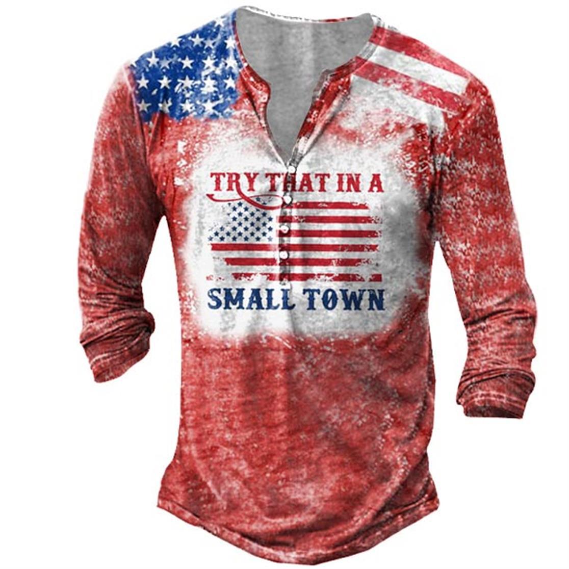 Men's T-Shirt Henley Long Sleeve Vintage Try That In A Small Town Country Music American Flag Daily Tops Red
