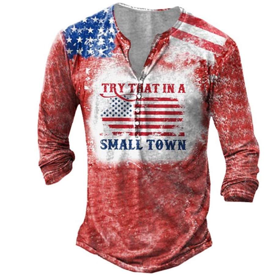 

T-Shirt Homme Henley Manches Longues Vintage Try That In A Small Town Musique Country Drapeau Américain Quotidien Hauts Rouge