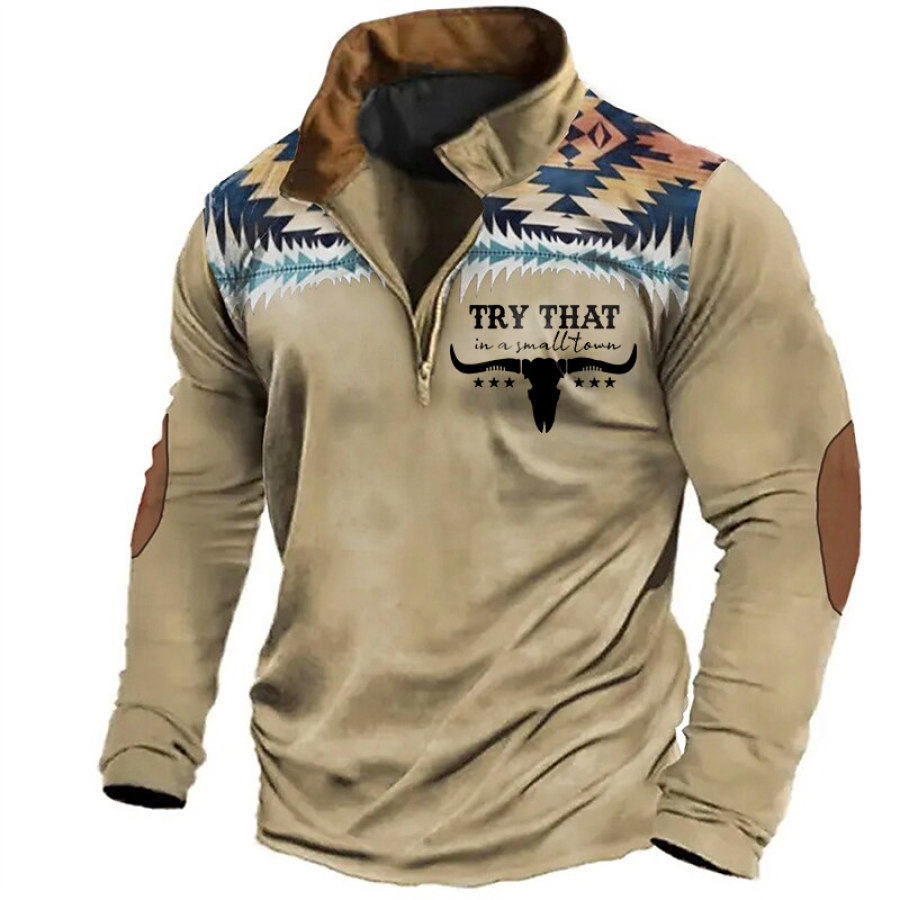 

Men's T-Shirt Long Sleeve Zip Lapel Vintage Try That In A Small Town Country Music Colorblock Daily Tops Khaki