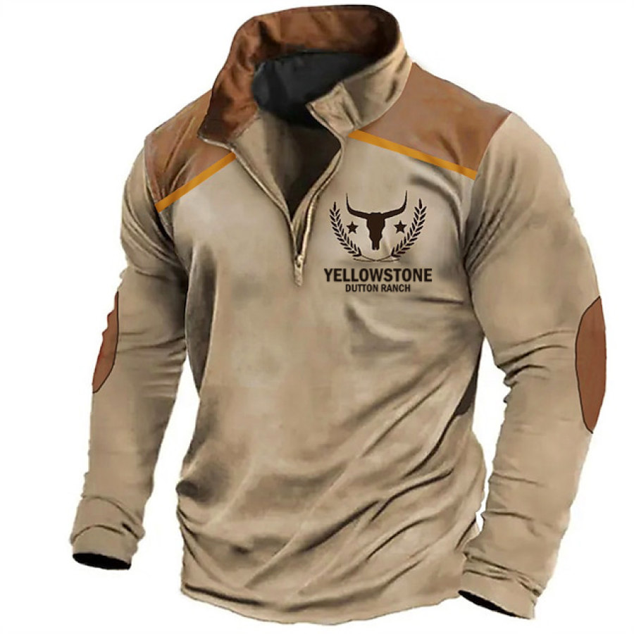 

Men's T-Shirt Long Sleeve Zip Lapel Vintage Yellowstone Color Block Daily Tops Khaki