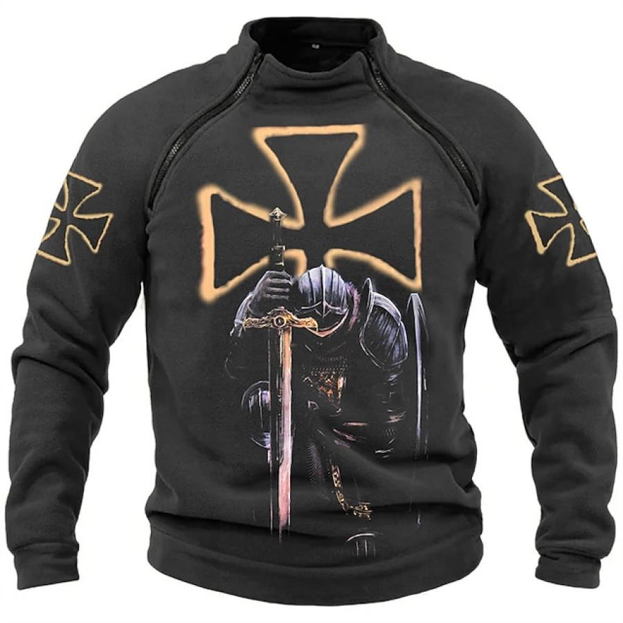 

Men's Quarter Zip Sweatshirt Turtleneck Templar Graphic Cross Print Black