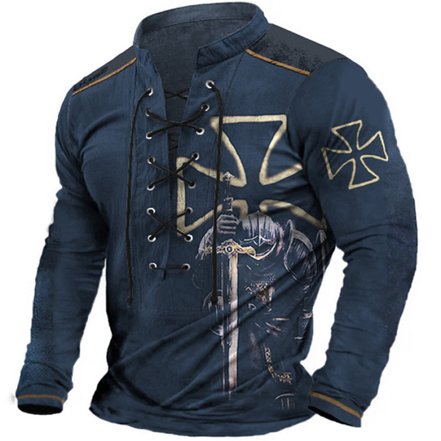

Camiseta Masculina Com Cadarço Gola Alta Estampa Gráfica Templária Manga Comprida Azul Marinho