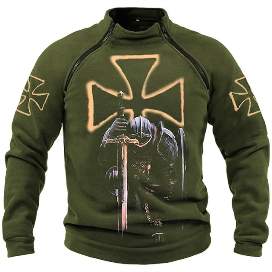 

Sudadera De Hombre Con Un Cuarto De Cremallera Cuello Alto Estampado Cruzado Templario Verde Ejército