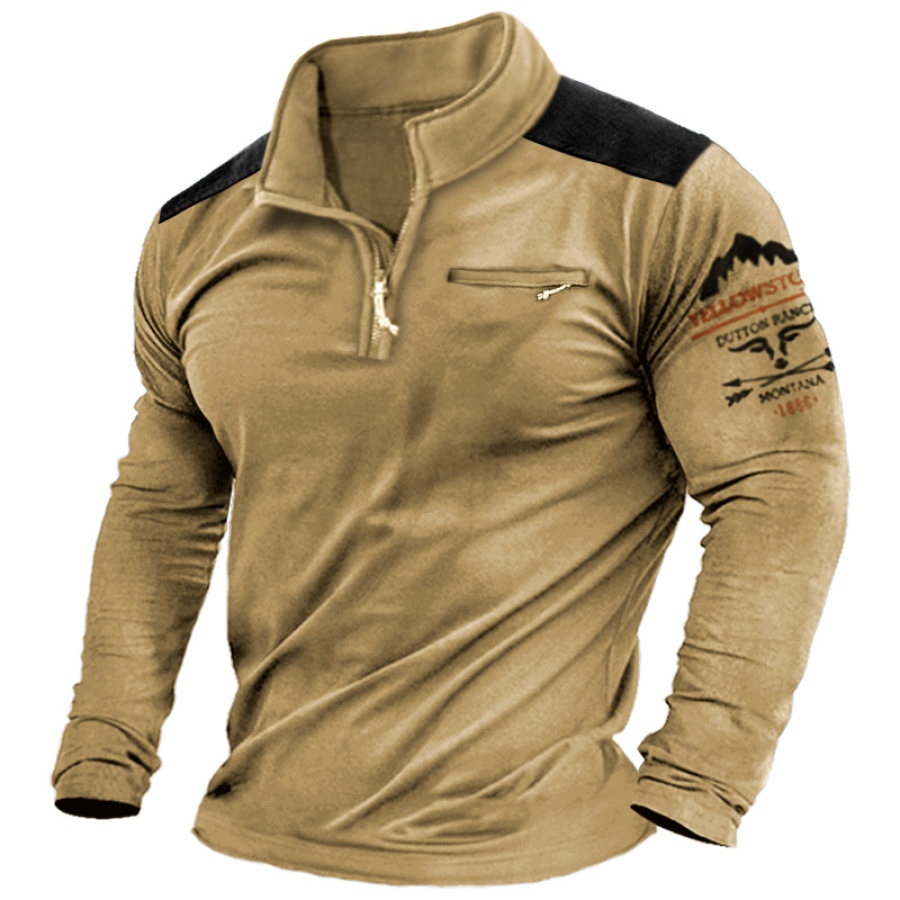 

Men's T-Shirt Vintage Yellowstone 1/4 Zipper Stand Collar Long Sleeve Pocket Comfortable Pullover