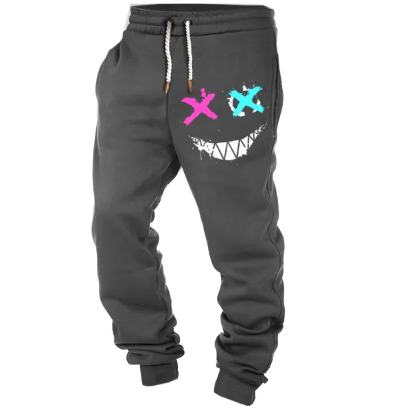 Men's Smiley Print Pocket Casual Sports Elastic Waist Trousers - Kalesafe.com 