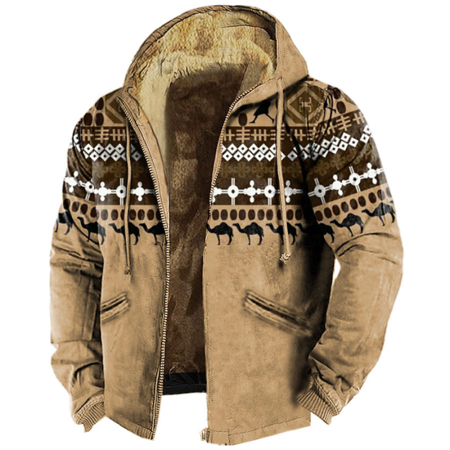

Men's Hooded Jacket Vintage West Ethnic Graphic Print Wool Full Zip Hoodie