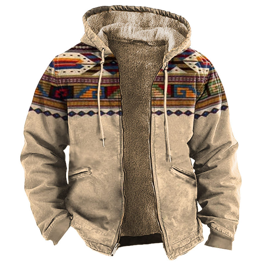 

Мужская куртка с капюшоном Винтаж Контрастных цветов Этнический Графический принт Шерсть Толстовка на молнии во всю длину