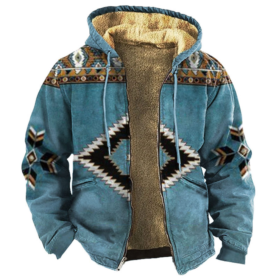 

Men's Hooded Jacket Vintage Color Block Ethnic Graphic Print Wool Full Zip Hoodie