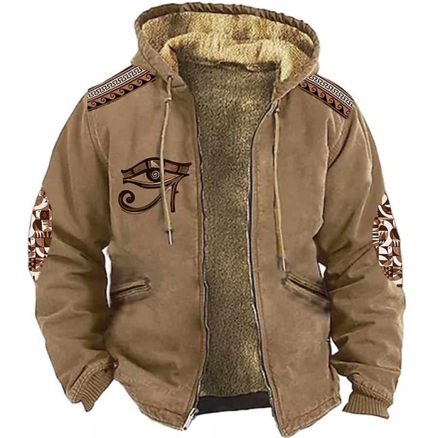 

Мужская куртка с капюшоном Vintage Tribal Графический принт Полная молния Тонкий флис Зимний хаки