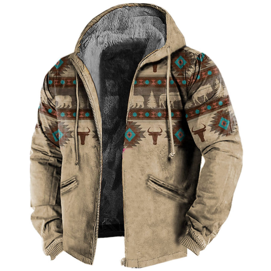 

Men's Hooded Jacket Vintage West Ethnic Graphic Print Wool Full Zip Hoodie