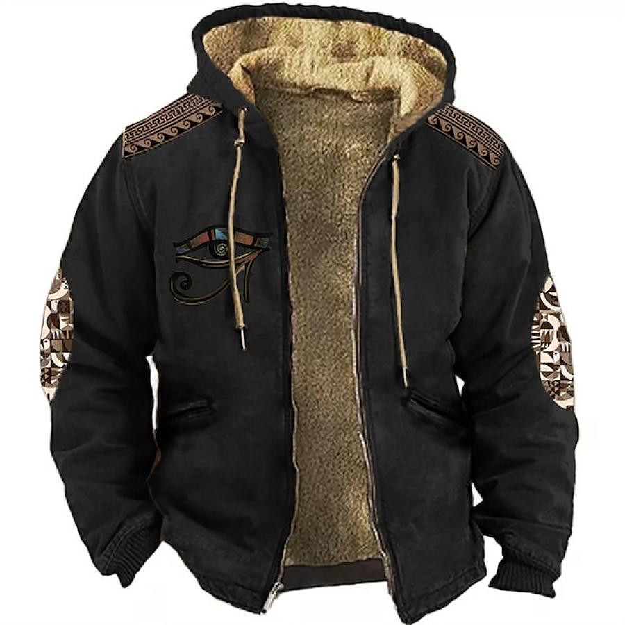 

Jaqueta Masculina Com Capuz Vintage Tribal Estampa Gráfica Com Zíper Completo De Lã Fina Inverno Preta