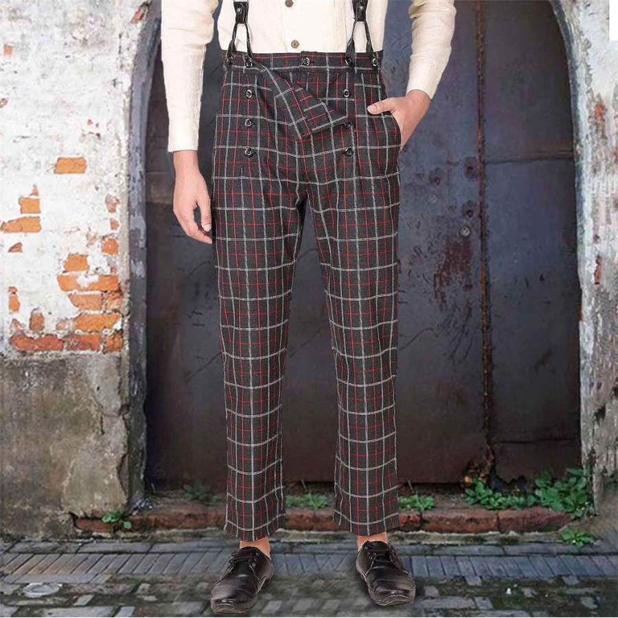 

Men's Suspenders 1920s 12oz Plaid Farmer Work Trousers Pants