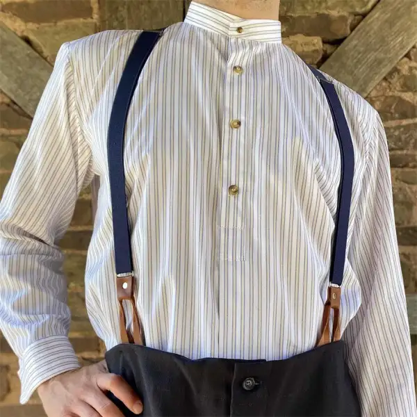 Men's Collarless Shirt Vintage Stripe Long Sleeve Daily Tops White - Cotosen.com