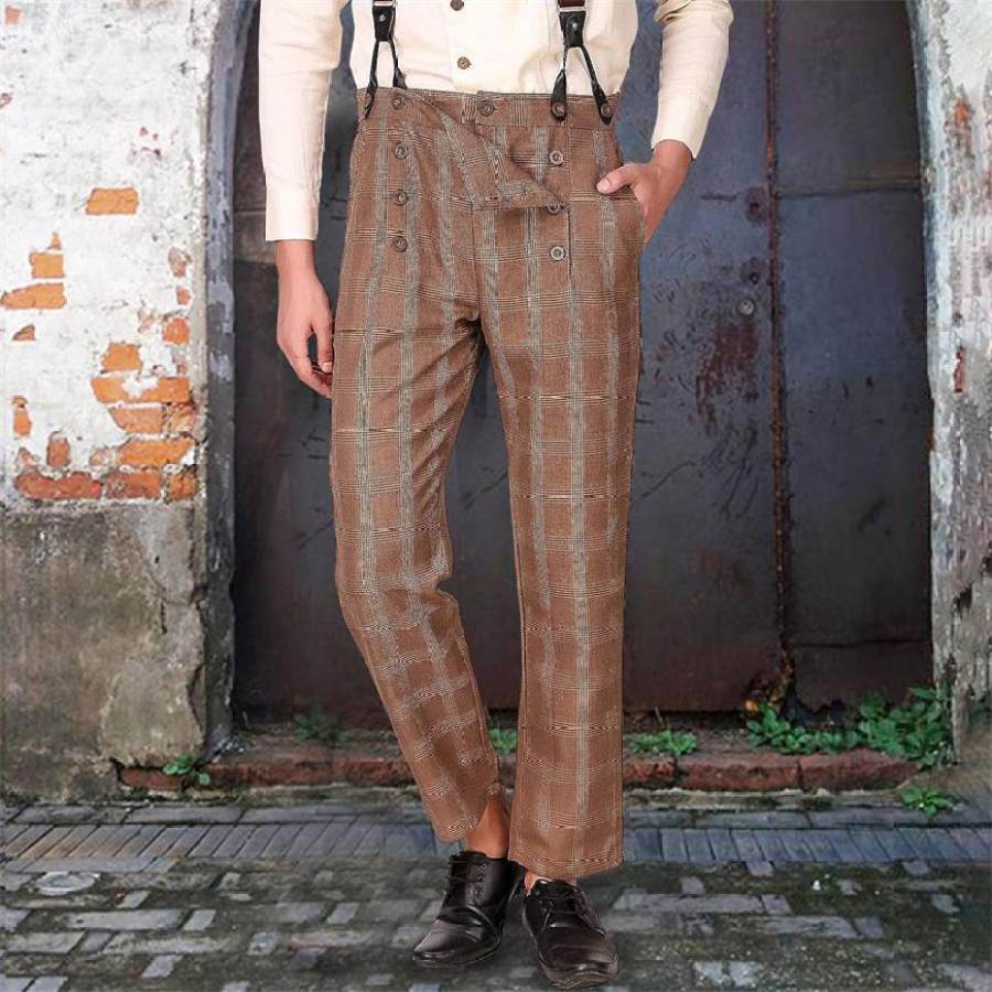 

Men's Suspenders 1920s 12oz Plaid Farmer Work Trousers Pants Brown