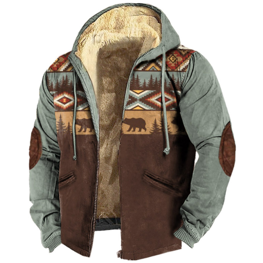 

Мужская куртка с капюшоном Vintage West Ethnic Graphic Print Флисовая подкладка Full Zip Hoodie
